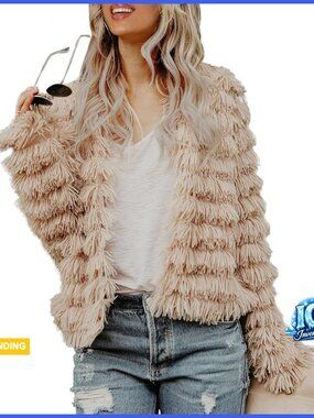 Faux Fur Open Front Cardigan Vintage Parka Shaggy Jacket Warm Coat